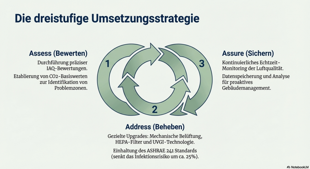 Massnahmen für gute Luft: 1) Messen CO2 als Leitparameter, 2) Belüftung/Filtration, 3) Sicherstellen Luftqualität-Monitoring, Unterhalt und proaktives Gebäudemanagement. (Bild: Maja Strasser / NotebookLM)